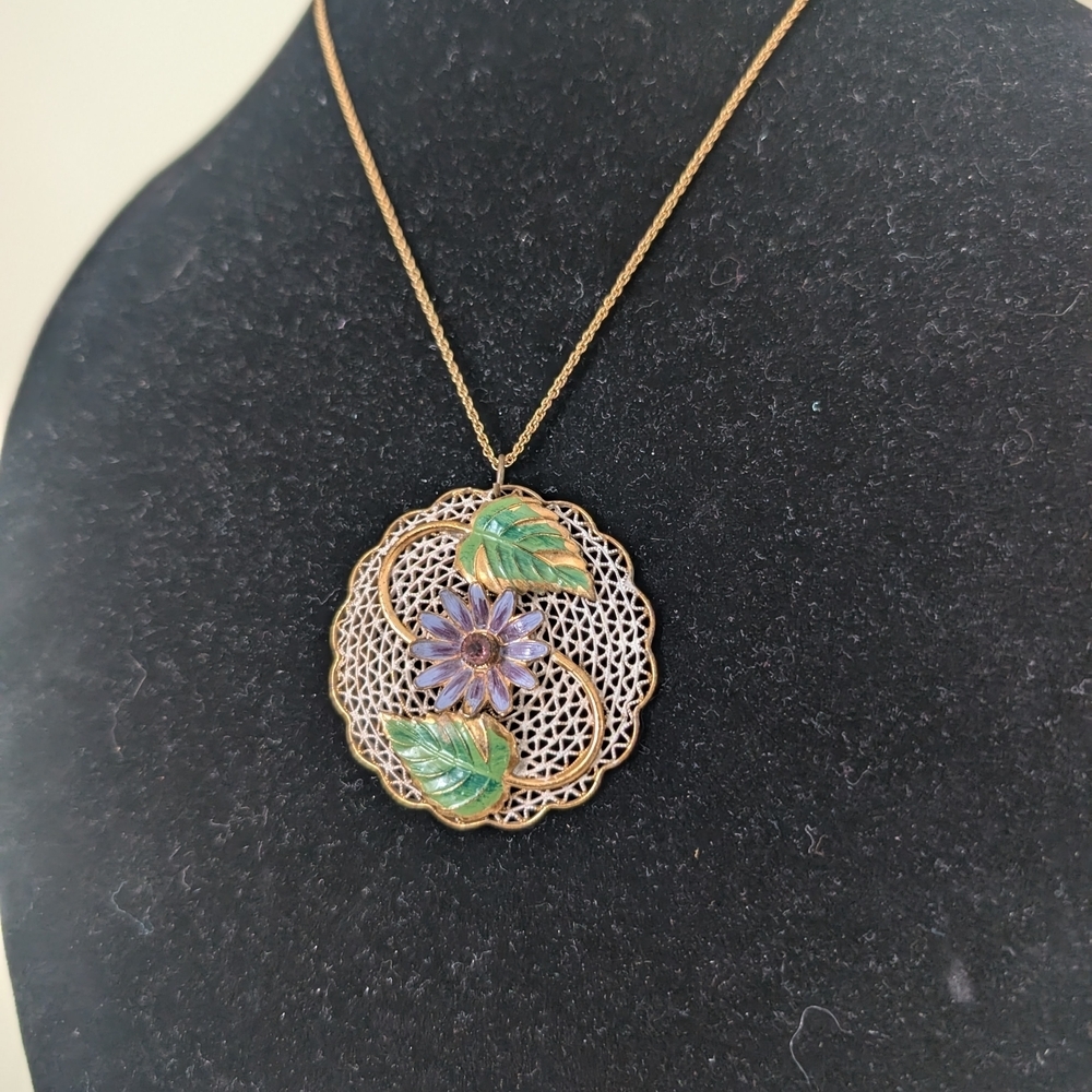 Gold-Tone Floral Enamel Pendant Necklace - Green & Purple